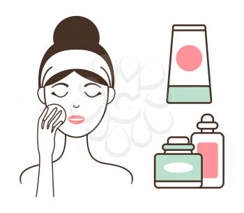 Woman in headband cleans face skin with organic lotions and tonics on cotton pad isolated cartoon flat vector illustrations set on white background.