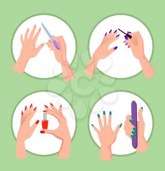 Nail service, banner with collection of circles and hands with bottle of fingernail polish, file and brush, vector illustration isolated on green