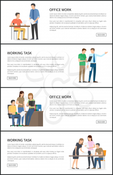 Set of office working task vector illustration with sitting, standing and speaking employees, text sample, black frame push-buttons isolated on white