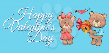 Happy Valentines day poster male teddy bear in t-shirt holding hive full of honey and smile, bees flying with red heart, present for girlfriend vector