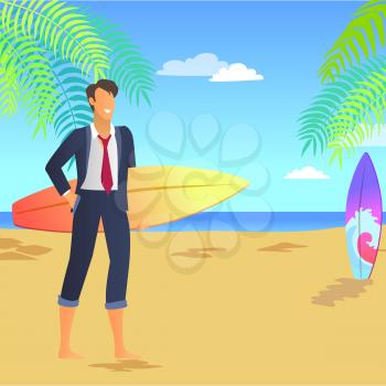 Smiling businessman in suit vector illustration of worker on sunny beach, holding bright yellow and orange surfboard, three clouds, palm s leaves