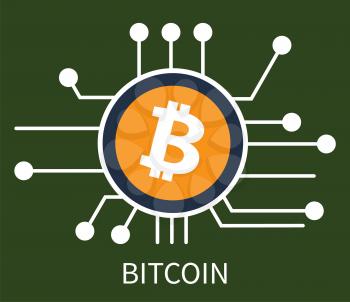 Bitcoin cryptocurrency poster with symbol of most popular coin system of internet, logo and connected lines and dots isolated on vector illustration