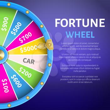 Fortune wheel poster with place for text and full length of entertainment round gambling machine with spin pointing on 5000 dollars prize vector