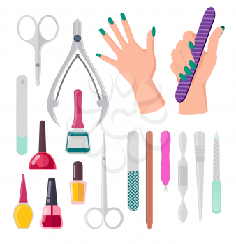 Hands with painted fingernails and manicure instruments, nail polish and file, scissors and tools, vector illustration isolated on white background