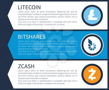 Blue litecoin, white bitshares and orange zcash Internet page template with sample text as description cartoon vector illustration on blue background.