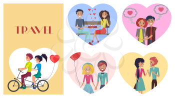 Beloved female with sweetheart male travel, ride bicycle vector illustration. Couples in love with present in red box, air balloon in shape of heart.