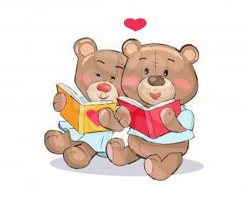 Teddy bears in love reading books with heart sign vector of stuffed toy animals with pink cheeks isolated on white, presents for Valentines Day