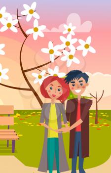 Redhead girl and brunette boy hug each other in spring park near bench and blooming cherry tree at sunset vector illustration.