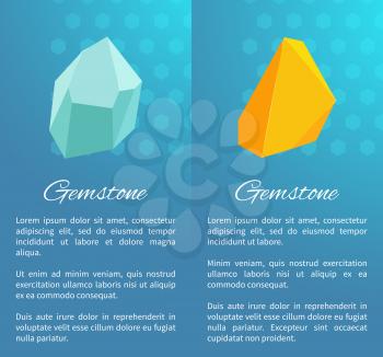 Uncut natural gemstones vertical promotional posters set with headers in italic and simple text cartoon flat vector illustrations on blue background.