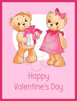 Happy Valentines day poster with two bears male teddy going to present gift box decorated by holiday bow to female soft toy, vector greeting card design