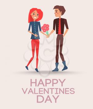 Happy Valentines Day conceptul poster with dating couple, male presents flowers to female, flirting lover having fun together vector illustration banner