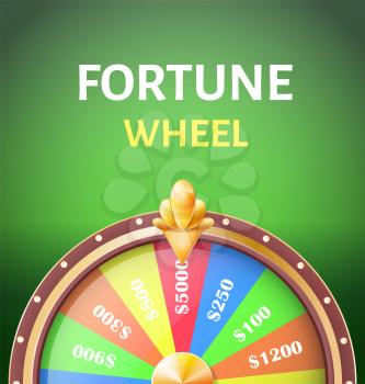 Fortune wheel poster with earnings in 5000 dollars, money prize in casino vector illustration isolated on green background. Gambling game concept