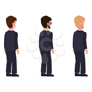 Side view males flat style, man constructor set of cartoon characters in classic suit, with different hairstyle and color, vector illustration isolated,