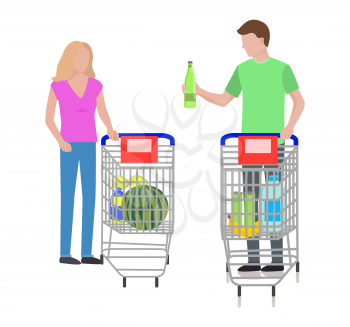 Man and woman shopping at supermarket, standing with carts and products, watermelon and green glass bottle, isolated on vector illustration