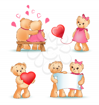 Teddy bears collection, couple in love, characters with sheet of paper, balloon in shape of heart, present and letter, isolated on vector illustration
