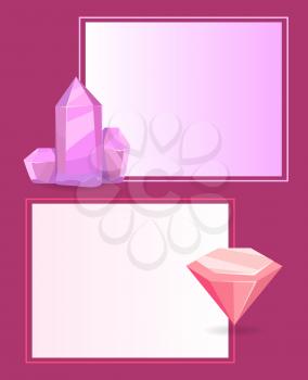 Geological natural resources and place for text in frame pink border vector illustration. Valuable gem stones, crystals and minerals ground substances