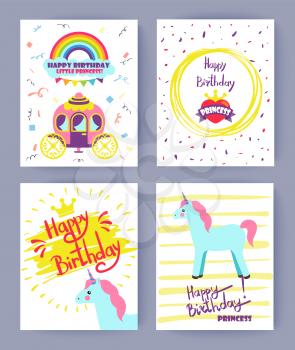 Happy Birthday, little princess, cards collection, set of covers with confetti, unicorn and carriage, heart and crown, isolated on vector illustration