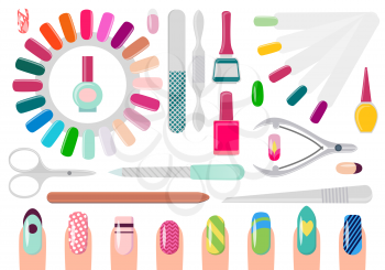 Manicure service sharp equipment, bottles of nail polish and decorated nails with patterns and plain isolated cartoon flat vector illustrations set.