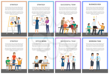 Strategy and successful team, business idea and office work, working task, text samples and lettering with busy people isolated on vector illustration