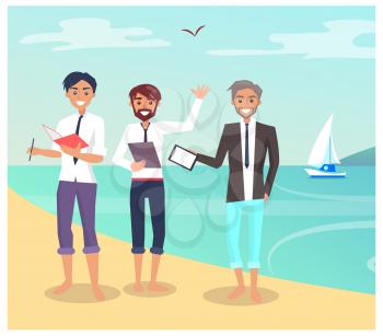 Business travelling, businessman with papers and pens, beach and summer ocean, sailboat and clear, blue sky, isolated on vector illustration