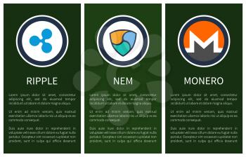 Cryptocurrency signs inside circles promo posters. Blue ripple, colorful nem and orange monero with sample text cartoon flat vector illustrations.