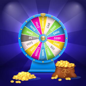 Wheel of luck or fortune with sack full of golden coins and pile of gold, automatic gambling machine vector illustration isolated on blue with rays