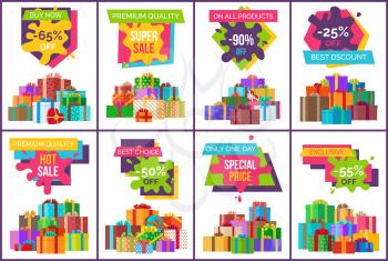 Buy now best sale exclusive products set of posters discount signs decorated with gifts in wrapping paper. Vector illustration sale values on white