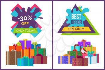 Only today -30 off best premium offer discounts on white. Vector illustration with sale advertisement surrounded by presents in wrapping paper