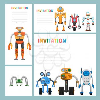 Cartoon card invitation with metal aliens on white background and text. Vector illustration of mechanical monsters moving on black wheels, legs from springs, claw hands, measuring scale, many buttons.