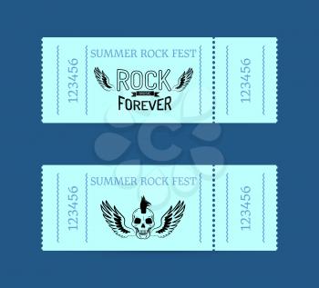 Summer rock fest collection of tickets with text on blue background. Isolated vector illustration of two pairs of wings and punk skull with mohawk