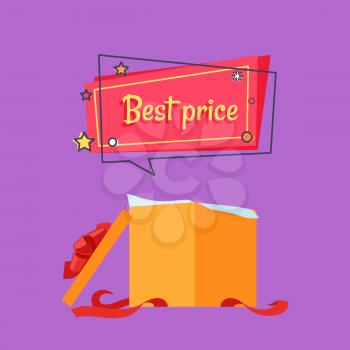 Open gift box in beige wrapping paper and red decorative tape and best price inscription vector isolated on purple background, special offer concept