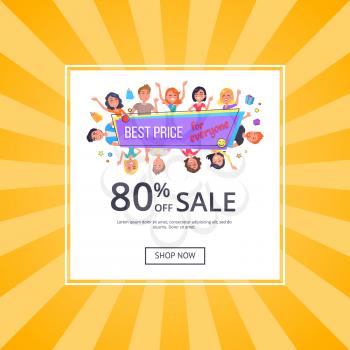 Best price for everyone promotional poster with happy customers, discount 80 vector illustration on yellow. People shopping, online banner shop now