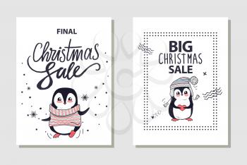 Final and big Christmas sale, posters with image of cute penguin wearing sweater and cute hat holding heart, snowflakes falling vector illustration