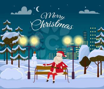 Merry Christmas from Santa among forest and white field on night city background. He is sitting on wooden bench. Block of flats with switched lights. Stars and moon on winter sky vector illustration