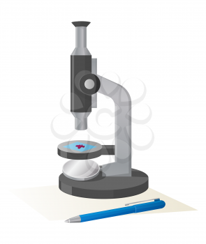 Modern microscope with small purple object on stage being investigated isolated vector illustration on white background witg blue pen