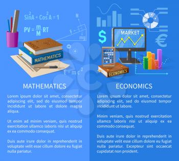 Mathematics and Economics informative poster with thick textbooks, statistical charts, graphic on screen and stationery in stand vector illustrations.