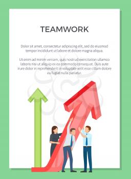 Teamwork representation with colleagues working with giant arrow that represents statistics. Vector illustration of working process on white background
