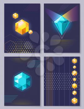 Set of wallpapers 3d figures on dark background. Vector illustration with geometric beautiful shiny diamonds, wavy lines and colorful spots