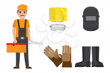 Builder with mustache, cap, toolbox, plan in overalls with set of hardhat, goggles, safety mask, gloves and rubber boots vector illustration.