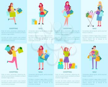 Shopping and sale set of posters with cheerful women and man holding son. Isolated vector illustration of smiling shoppers and bags with new purchases