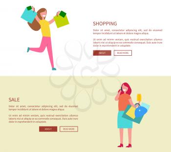 Two females with colorful shopping bags. Vector illustration developed for web page and perfectly suits for online sales, contains place for text and buttons