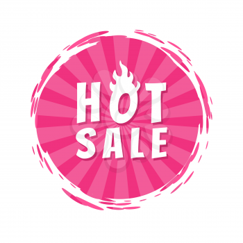 Hot sale inscription on pink painted spot with brush strokes vector illustration isolated on white background, burning discounts label design with flame