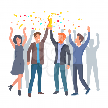 Team of colleagues celebrate win in startup project. Happy co-workers with hands up hold prize for first place vector illustration