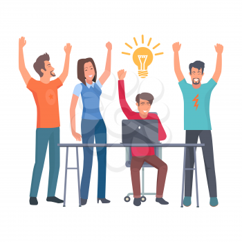 Group of coworkers have idea. Men and woman raise hands in cheerful mood and stand or sit around table with computer vector illustration.