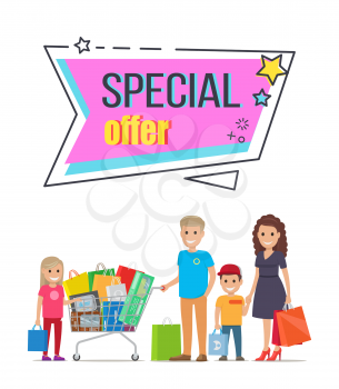 Special offer for big family shopping promotion. Parents and children with paper bags and trolley full of great purchases vector illustration.