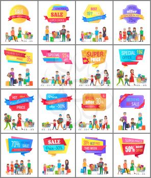 Set of promo labels on posters with people doing shopping, vector illustration banners with families carrying shop carts, trolleys full of presents