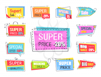 Super price with 20 off promotional logotypes set. Bright rectangles, arrow-shaped figures and small tags with attractive sign vector illustrations.