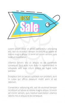 Best sale tag with thin thread on promotional poster. Valuable discount logotype and sample text on advertisement banner vector illustration.