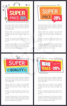 Super price -35 and big sale, rectangular labels with bows on top of them, headlines and text sample vector illustration isolated on white background
