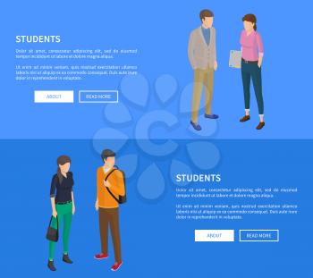 Students cartoon characters web posters vector illustrations with text on blue. Young teenagers during break at educational establishment